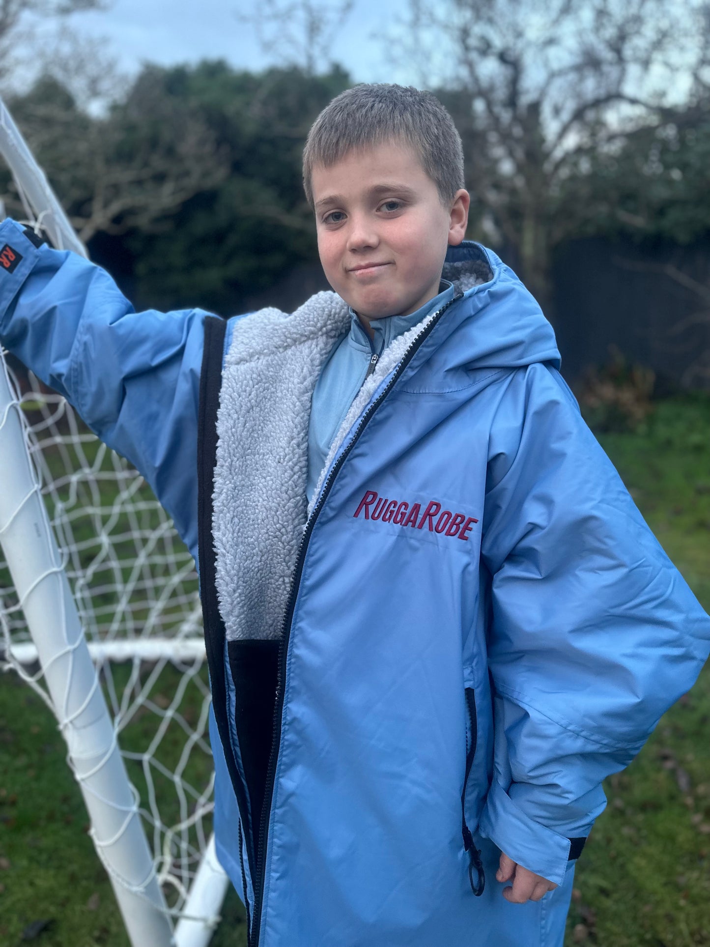 Pale Blue & Claret Logo Change Robe with Grey Fleece - RuggaRobe