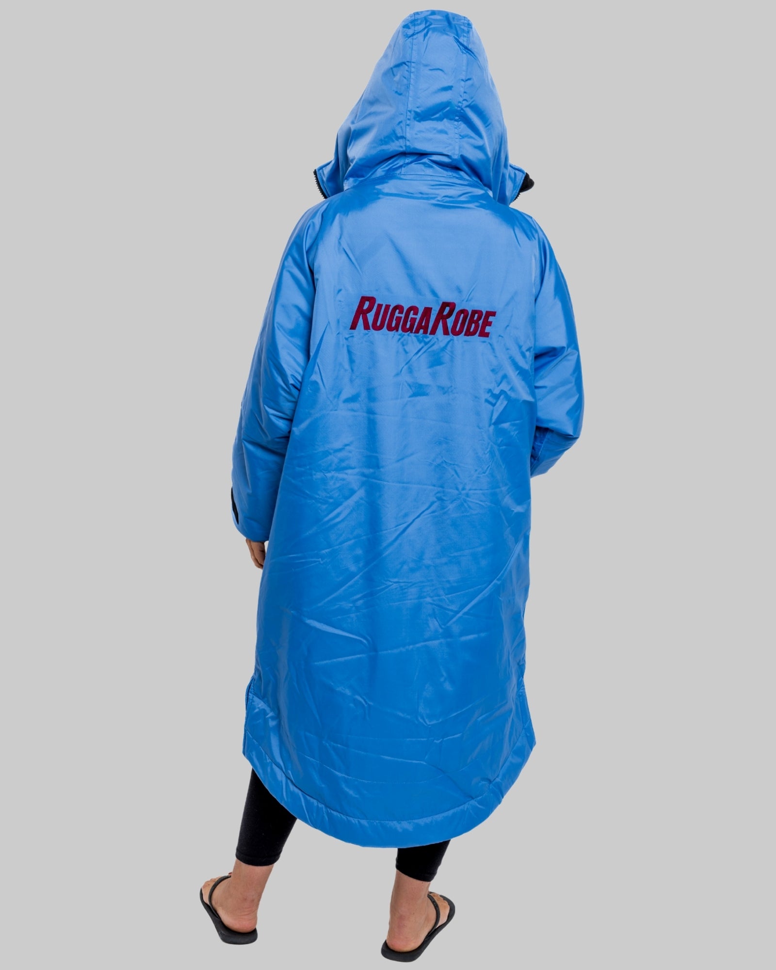 Blue robe with 'Rugga Robe' branding on the back against a gray background