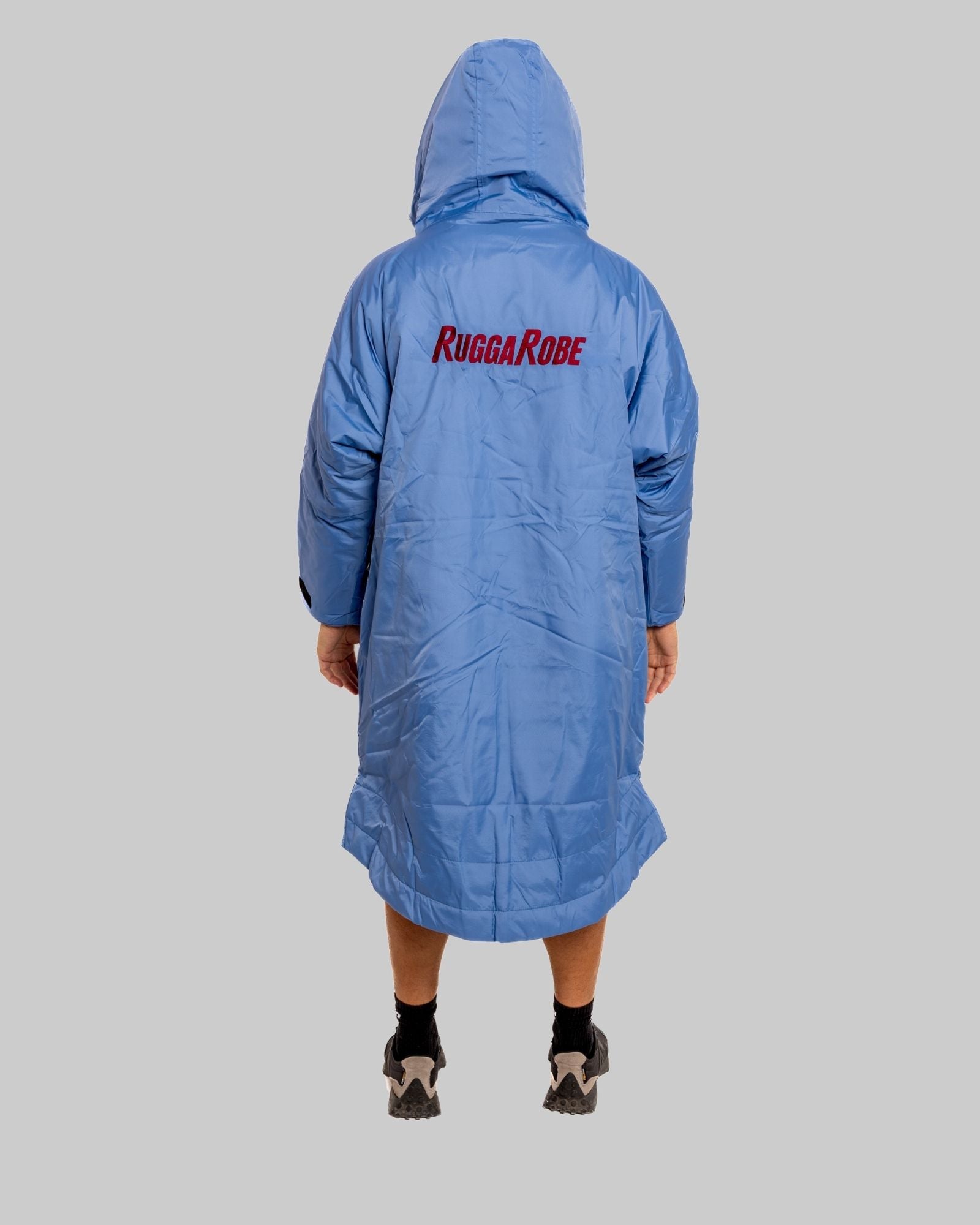 Blue Rugga Robe with 'Rugga Robe' logo on the back against a gray background