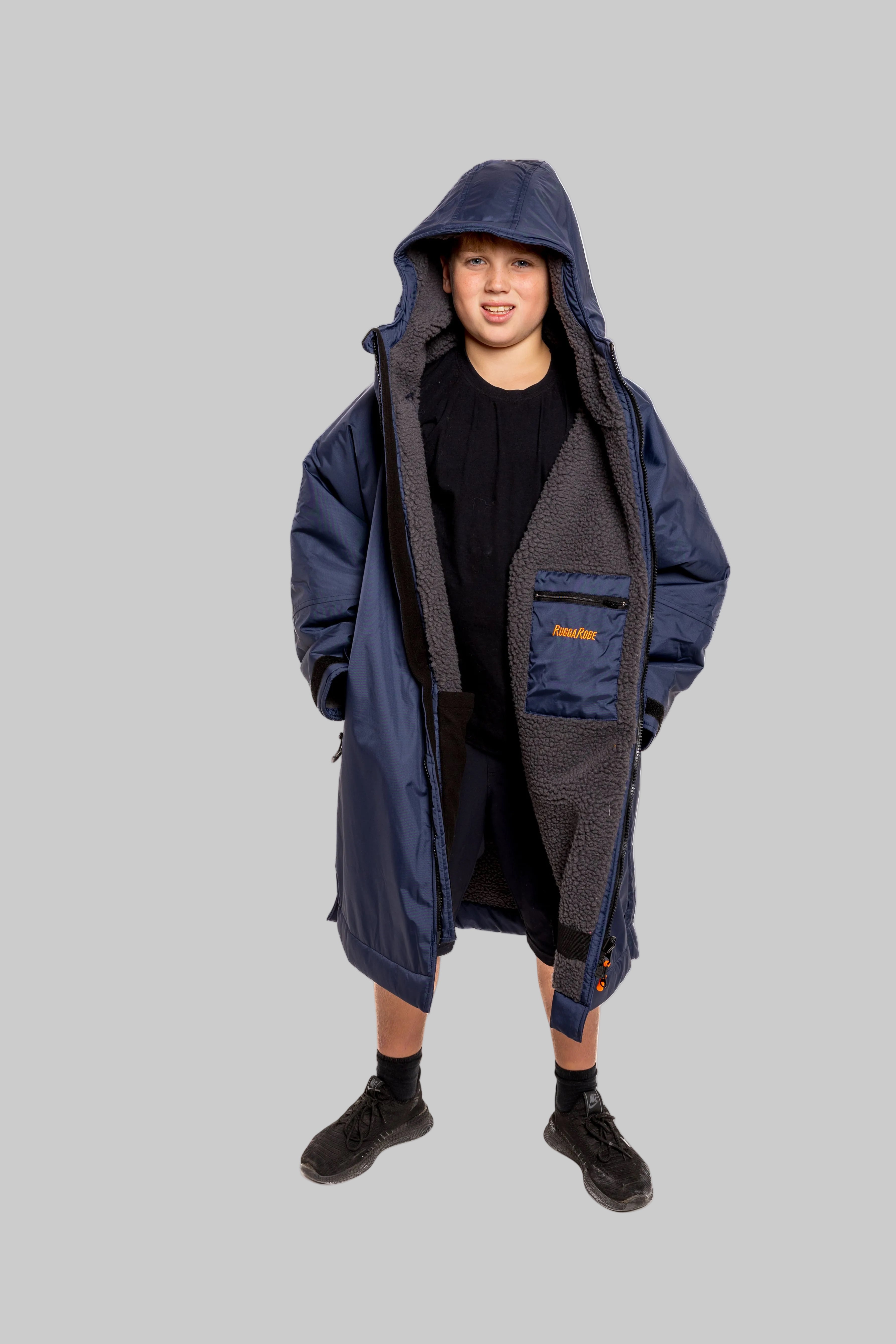 RR Country Navy Kids Change Robe with Asphalt Grey Fleece