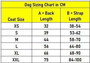 Dog sizing chart in centimeters with coat size, back length, and strap length measurements.