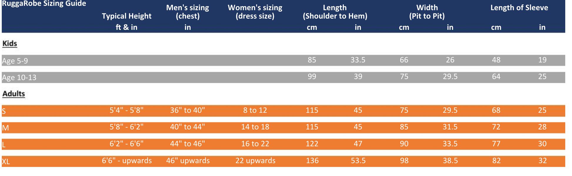 Ruggarobe sizing chart
