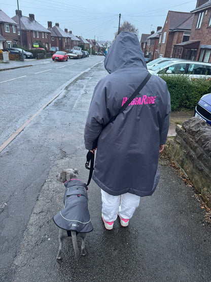 Dog Coat made Waterproof and with a cosy fleece - Grey with Pink fleece