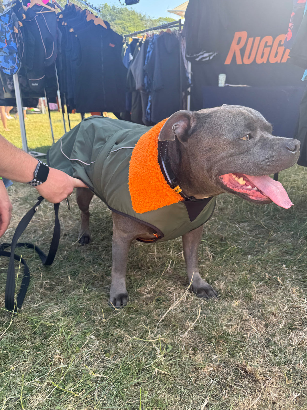 Waterproof Fleece Lined RuggaRobe Dog Coat - Green with Orange Fleece