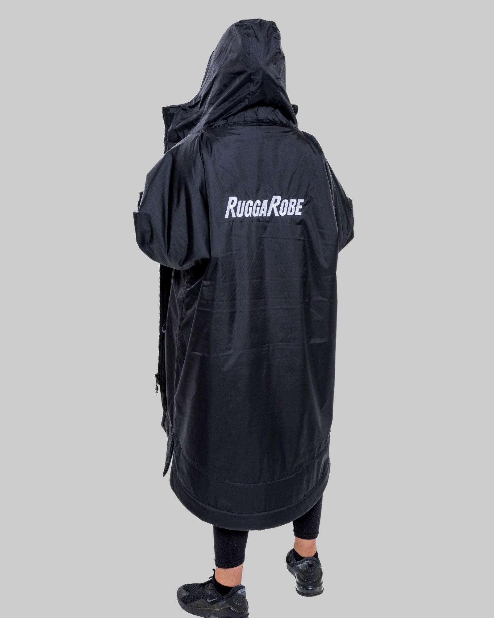 Black changerobe with 'RuggaRobe' branding on a gray background