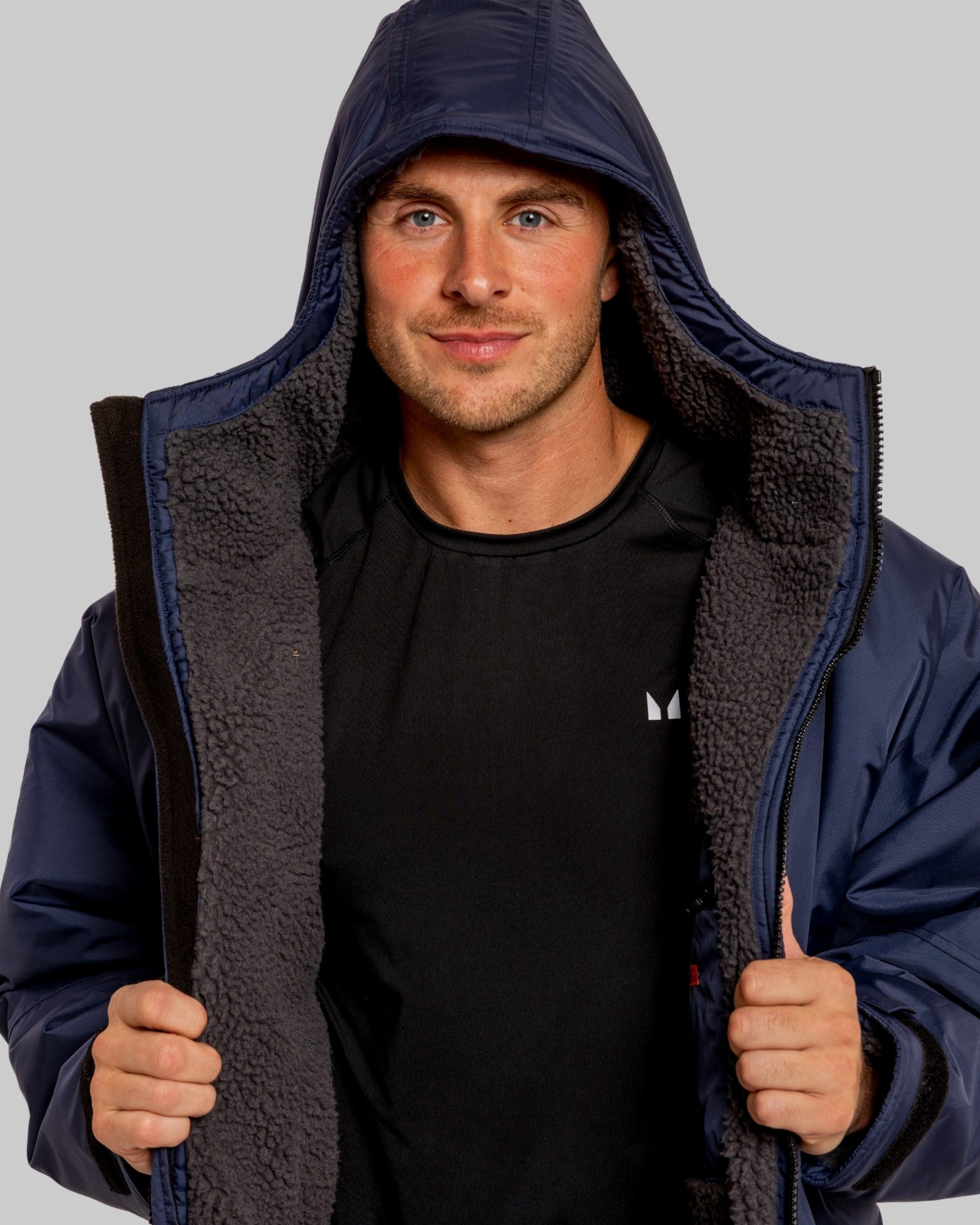 RR Country Navy Adults Change Robe with Asphalt Grey Fleece
