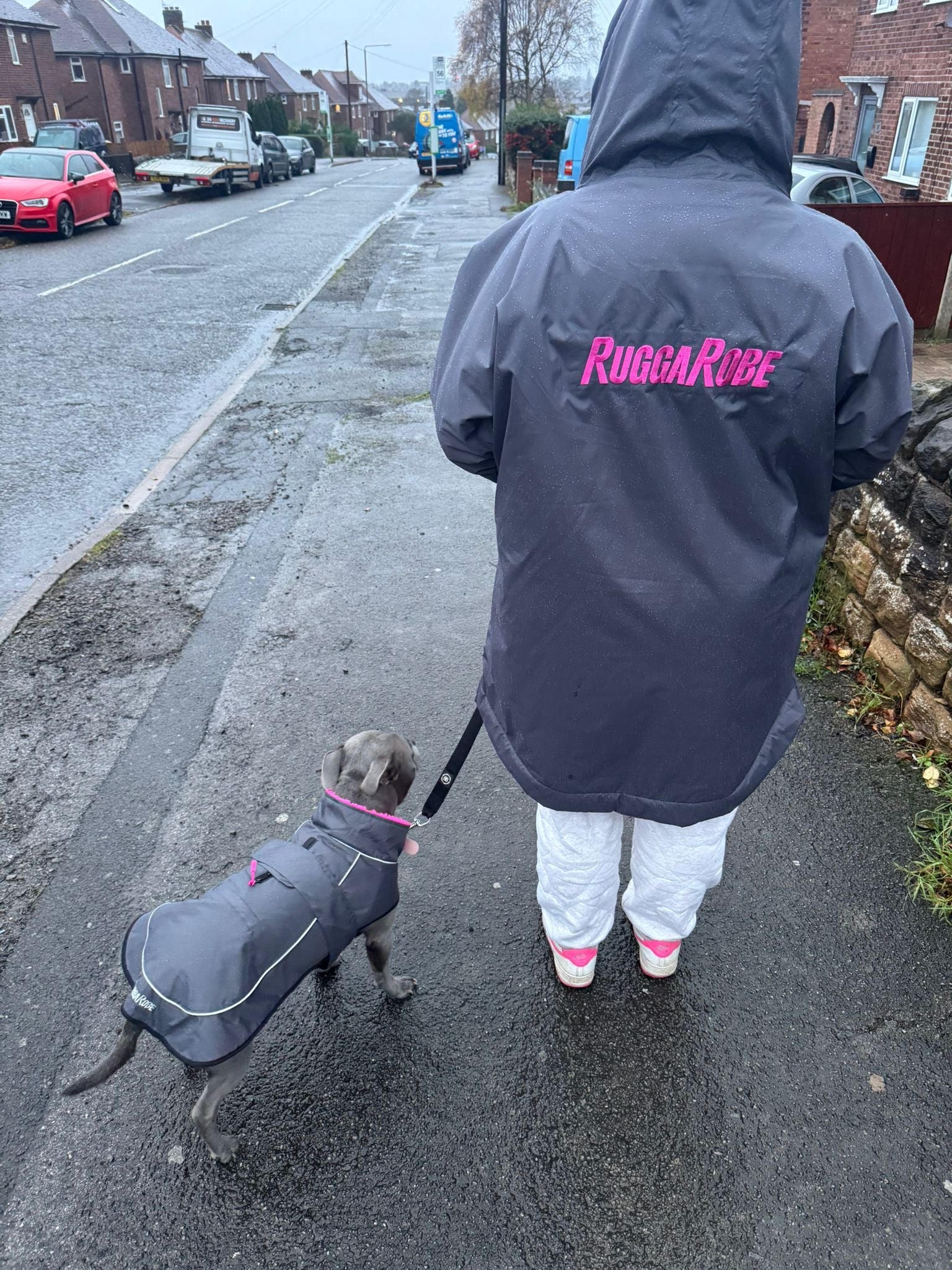 Waterproof Fleece Lined RuggaRobe Dog Coat - Grey with Pink Fleece