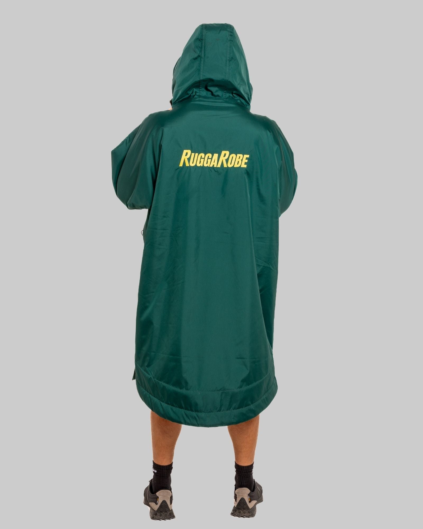 Green hoodie with 'RuggaRobe' branding on the back against a gray background