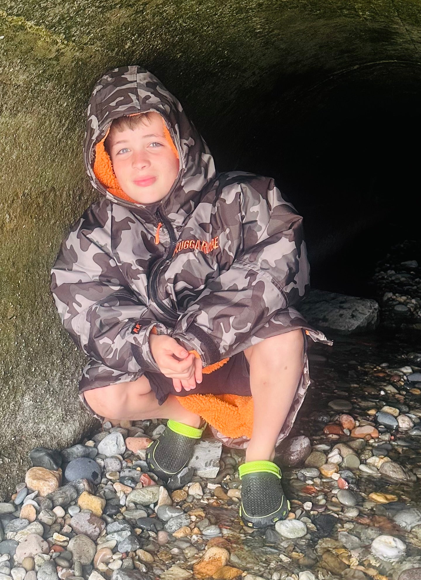 Grey Camo Kids Change Robe with Orange Fleece - RuggaRobe