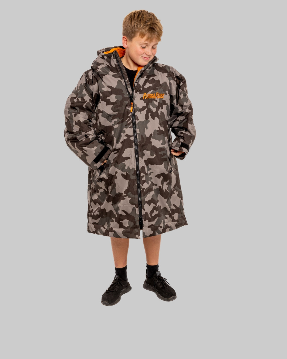 KIds Grey Camo with Orange Fleece | Club Robe