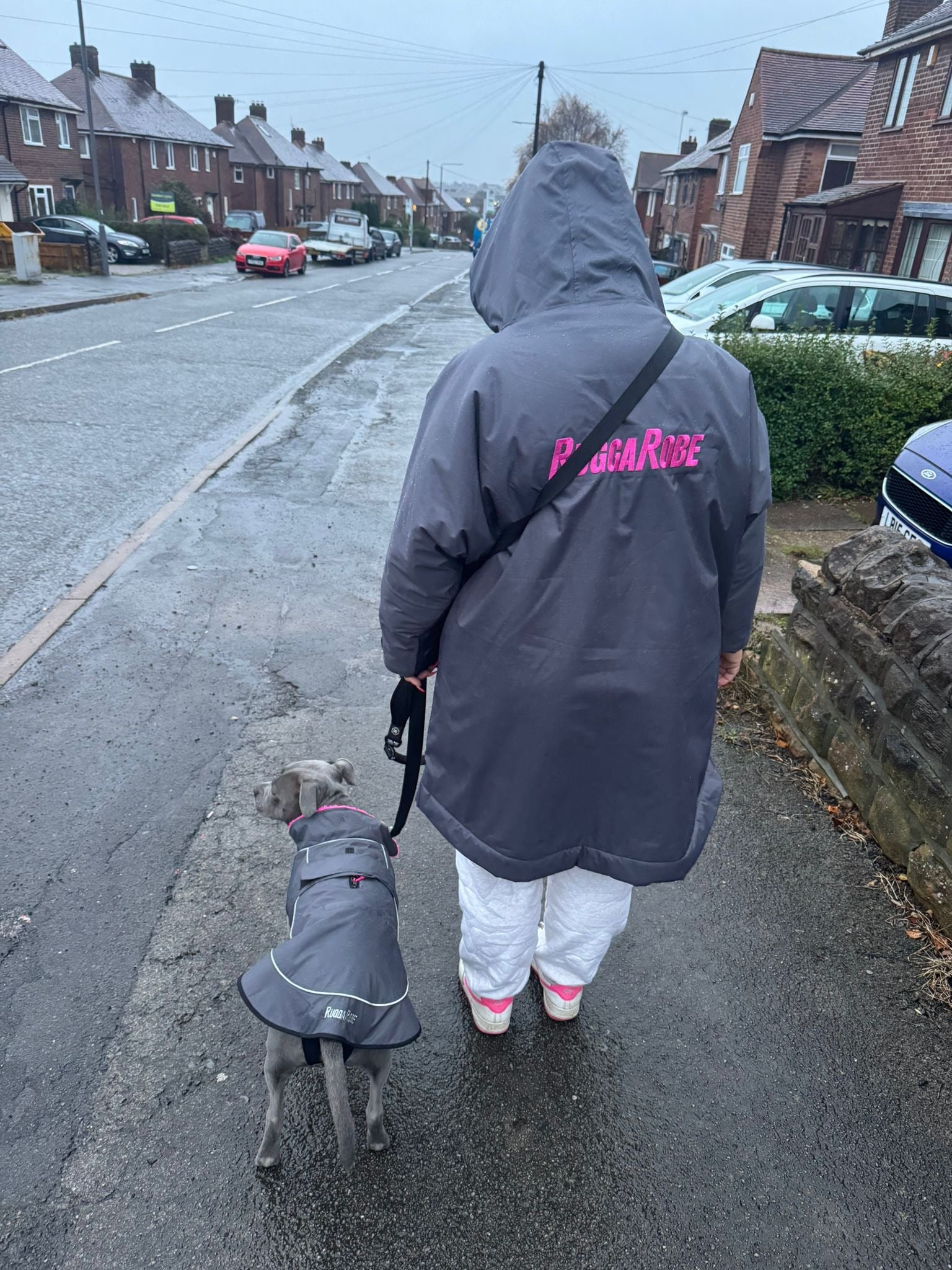 Waterproof Fleece Lined RuggaRobe Dog Coat - Grey with Pink Fleece