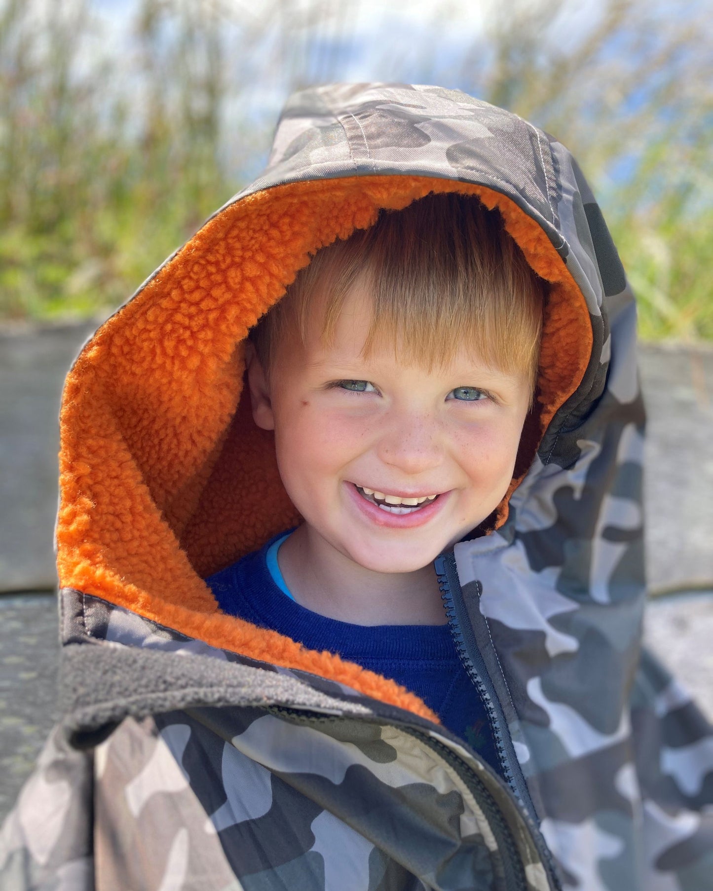 Grey Camo Kids Change Robe with Orange Fleece - RuggaRobe